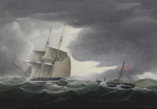 Thomas Wright (19th C.) Sailing ship taking a stricken ship under tow 14 x 20in.